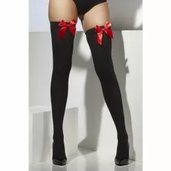 Tights - Opaque Hold Ups, Black With Red Bow