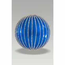 Christmas Bauble - 8cm Blue Stripes, Silver Glitter