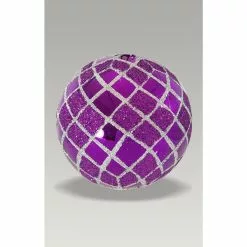 Christmas Bauble - 8cm Purple Harlequin Chequer, Silver Glitter
