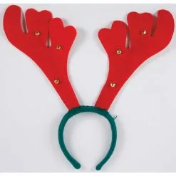 Headband - Reindeer Antlers, Red & Green With Bells