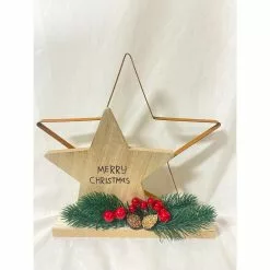 Table Decoration - 23cm Star With Holly, Wood
