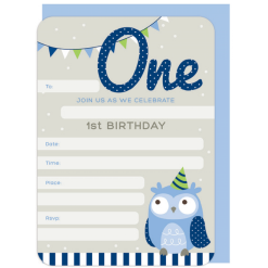 Invitations - 1st Birthday, Owl Blue 16 Pk