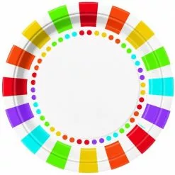 Plates - Dinner, Rainbow Stripes And Dots 8 Pk