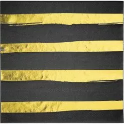 Serviettes - Luncheon, Black & Gold Foil Stripes 16 Pk