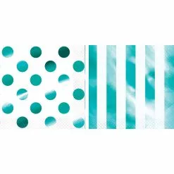 Serviettes - Luncheon, Stripes Or Dots Teal 16 Pk Assorted