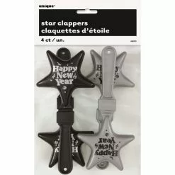 Star Clapper - Happy New Year's, Large 4 Pk Black & Silver